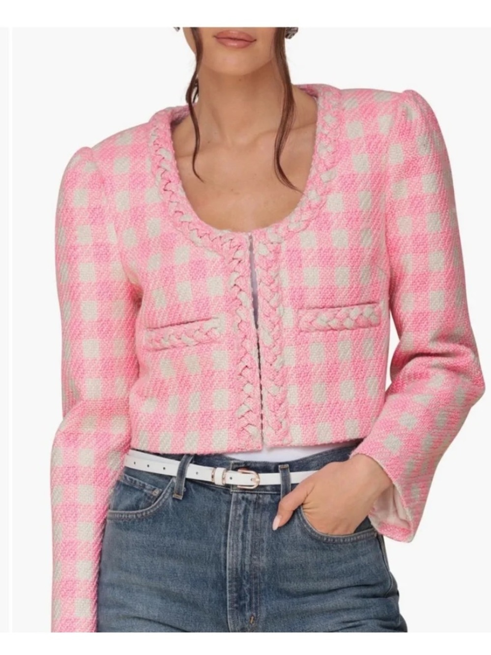 NWT Avec Les Filles Pink and Cream Gingham Tweed Cropped Jacket